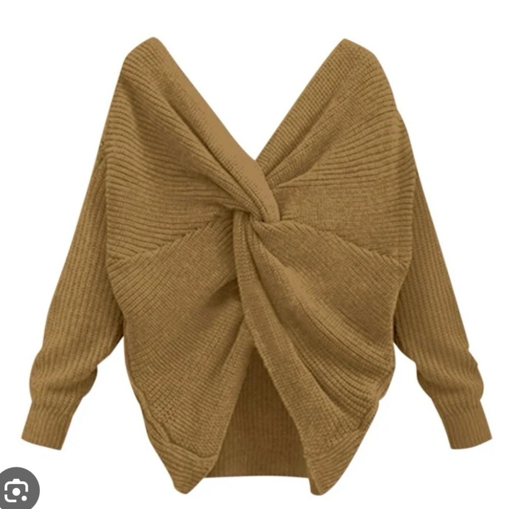 Batwing Loose Fit VNeck Knit Sweater With Fun Knotted Back | Beige | Small - Picture 2 of 6